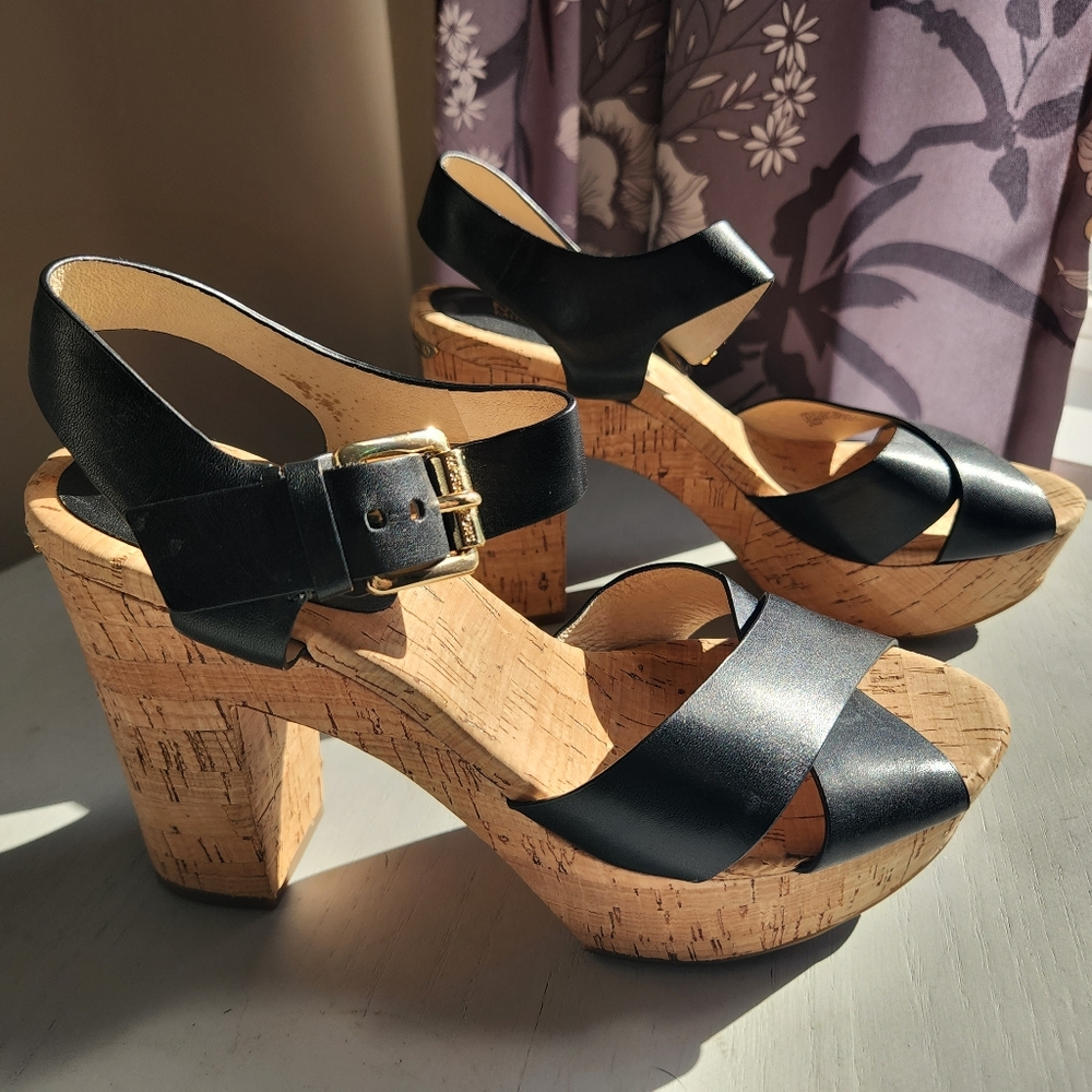 Michael Kors New Natalia Platform Leather Cork Sandal Open Toe Shoes Heels 6.5